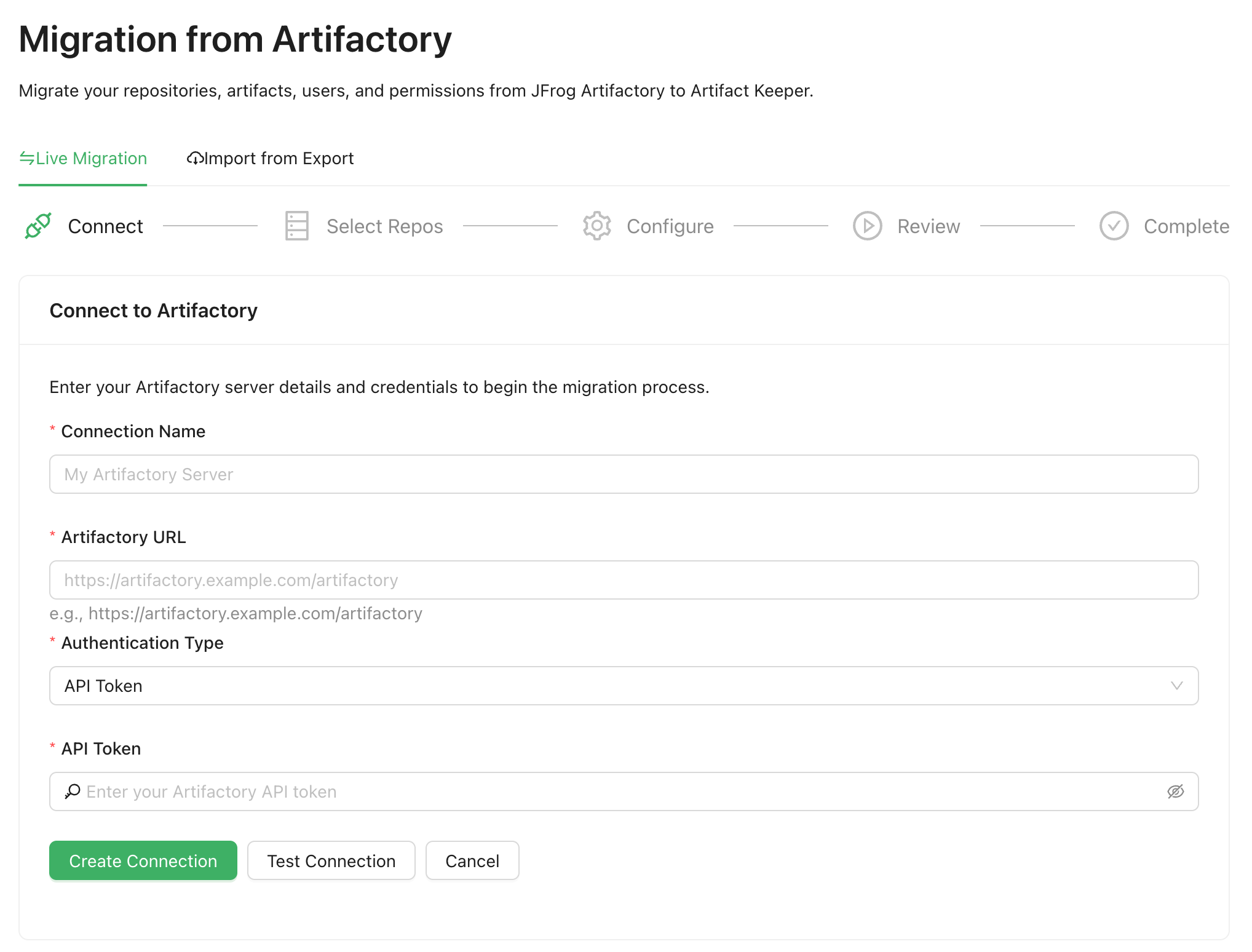 Artifact Keeper migration tool - Connect to Artifactory wizard